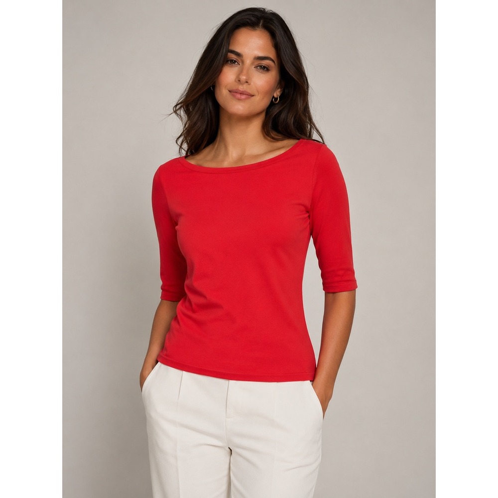 St. John Red Boatneck Elbow-Sleeve Top